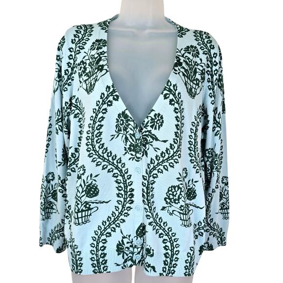 Talbots Cardigan Women's 2XP Blue Ice Heritage Green Flowing Florals Casual - Picture 1 of 8